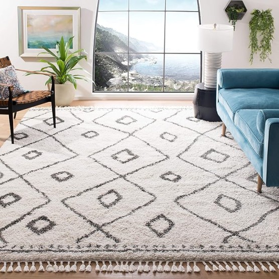 Area Rug 8x10 - Moroccan Fringe Shag Collection - Large - Ivory & Grey, Boho Design, Non-Shedding & Easy Cleaning, Plush Thick Pile, Ideal for Living Room, Bedroom, Dining Space (MFG333A)