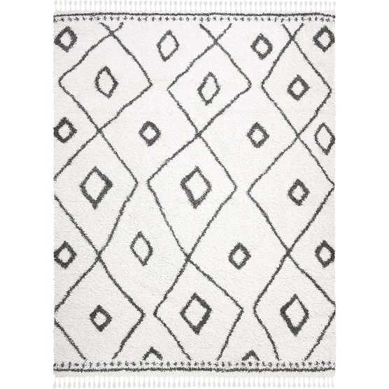 Area Rug 8x10 - Moroccan Fringe Shag Collection - Large - Ivory & Grey, Boho Design, Non-Shedding & Easy Cleaning, Plush Thick Pile, Ideal for Living Room, Bedroom, Dining Space (MFG333A)