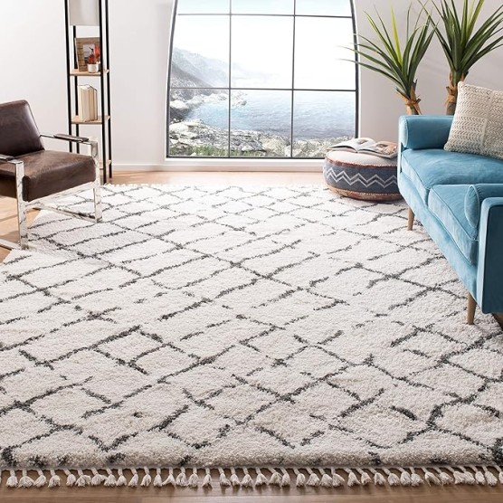 Area Rug 8x10 - Moroccan Fringe Shag Collection - Large - Ivory & Grey, Boho Design, Non-Shedding & Easy Cleaning, Plush Thick Pile, Ideal for Living Room, Bedroom, Dining Space (MFG329A)