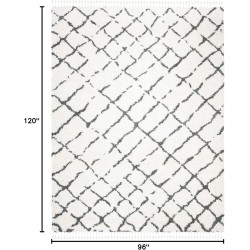 Area Rug 8x10 - Moroccan Fringe Shag Collection - Large - Ivory & Grey, Boho Design, Non-Shedding & Easy Cleaning, Plush Thick Pile, Ideal for Living Room, Bedroom, Dining Space (MFG329A)