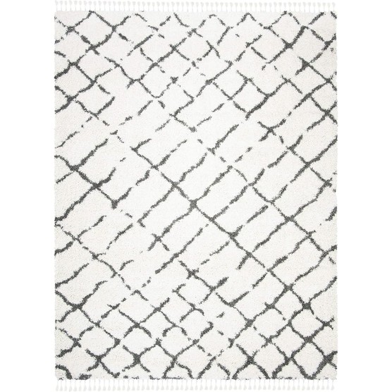 Area Rug 8x10 - Moroccan Fringe Shag Collection - Large - Ivory & Grey, Boho Design, Non-Shedding & Easy Cleaning, Plush Thick Pile, Ideal for Living Room, Bedroom, Dining Space (MFG329A)