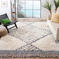 Area Rug 8x10 - Casablanca Shag Collection - Large - Ivory & Navy, Handmade Wool, Moroccan Medallion Tassel Design, Plush Thick Pile, Ideal for Living Room, Bedroom, Dining Space (CSB251A)