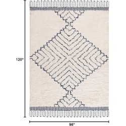 Area Rug 8x10 - Casablanca Shag Collection - Large - Ivory & Navy, Handmade Wool, Moroccan Medallion Tassel Design, Plush Thick Pile, Ideal for Living Room, Bedroom, Dining Space (CSB251A)
