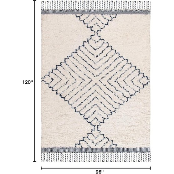 Area Rug 8x10 - Casablanca Shag Collection - Large - Ivory & Navy, Handmade Wool, Moroccan Medallion Tassel Design, Plush Thick Pile, Ideal for Living Room, Bedroom, Dining Space (CSB251A)