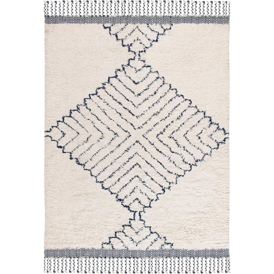 Area Rug 8x10 - Casablanca Shag Collection - Large - Ivory & Navy, Handmade Wool, Moroccan Medallion Tassel Design, Plush Thick Pile, Ideal for Living Room, Bedroom, Dining Space (CSB251A)