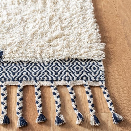 Area Rug 8x10 - Casablanca Shag Collection - Large - Ivory & Navy, Handmade Wool, Moroccan Medallion Tassel Design, Plush Thick Pile, Ideal for Living Room, Bedroom, Dining Space (CSB251A)