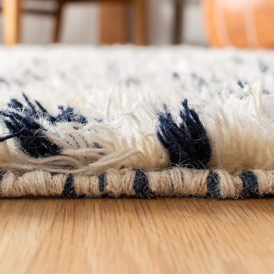 Area Rug 8x10 - Casablanca Shag Collection - Large - Ivory & Navy, Handmade Wool, Moroccan Medallion Tassel Design, Plush Thick Pile, Ideal for Living Room, Bedroom, Dining Space (CSB251A)