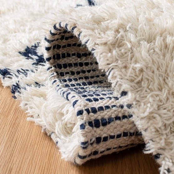 Area Rug 8x10 - Casablanca Shag Collection - Large - Ivory & Navy, Handmade Wool, Moroccan Medallion Tassel Design, Plush Thick Pile, Ideal for Living Room, Bedroom, Dining Space (CSB251A)