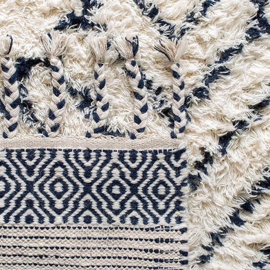 Area Rug 8x10 - Casablanca Shag Collection - Large - Ivory & Navy, Handmade Wool, Moroccan Medallion Tassel Design, Plush Thick Pile, Ideal for Living Room, Bedroom, Dining Space (CSB251A)