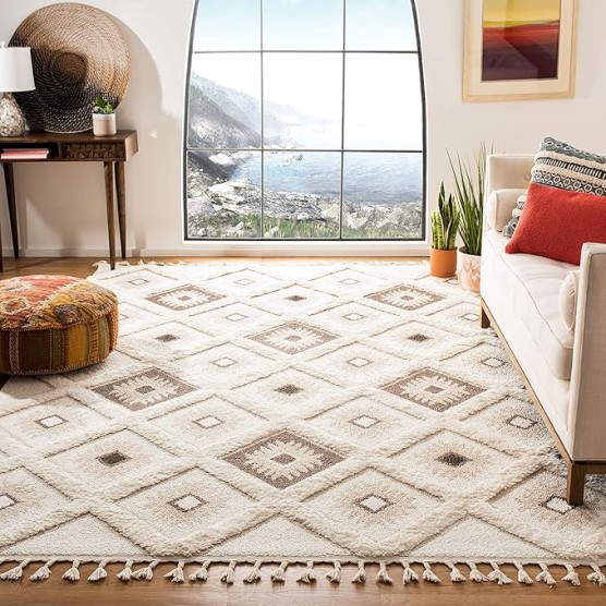 Moroccan Tassel Shag Collection Area Rug - 9' x 12', Ivory & Brown, Boho Design, Non-Shedding & Easy Care, 2-inch Thick Ideal for High Traffic Areas in Living Room, Bedroom (MTS601A)