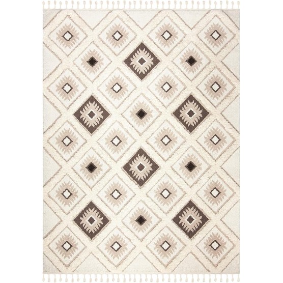 Moroccan Tassel Shag Collection Area Rug - 9' x 12', Ivory & Brown, Boho Design, Non-Shedding & Easy Care, 2-inch Thick Ideal for High Traffic Areas in Living Room, Bedroom (MTS601A)