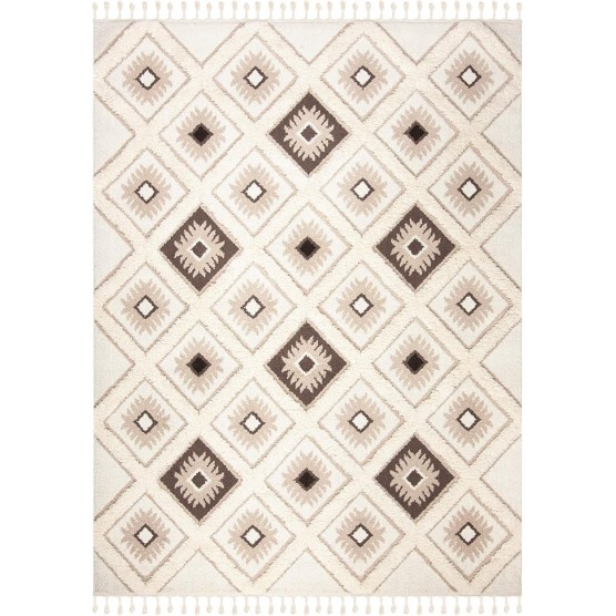 Moroccan Tassel Shag Collection Area Rug - 9' x 12', Ivory & Brown, Boho Design, Non-Shedding & Easy Care, 2-inch Thick Ideal for High Traffic Areas in Living Room, Bedroom (MTS601A)