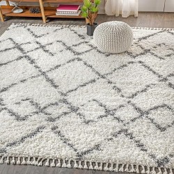 MCR102B-8 Mercer Shag Plush Tassel Moroccan Tribal Trellis Geometric Indoor Area-Rug Bohemian Contemporary Easy-Cleaning Bedroom Kitchen Living Room, 8 X 10, Cream/Grey