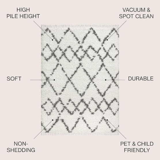 MCR102B-8 Mercer Shag Plush Tassel Moroccan Tribal Trellis Geometric Indoor Area-Rug Bohemian Contemporary Easy-Cleaning Bedroom Kitchen Living Room, 8 X 10, Cream/Grey