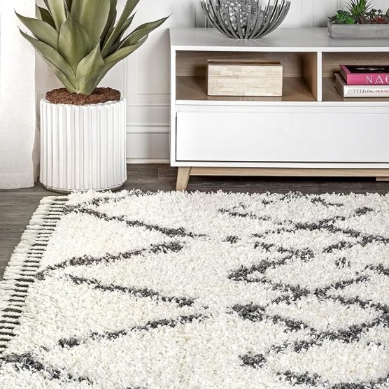MCR102B-8 Mercer Shag Plush Tassel Moroccan Tribal Trellis Geometric Indoor Area-Rug Bohemian Contemporary Easy-Cleaning Bedroom Kitchen Living Room, 8 X 10, Cream/Grey