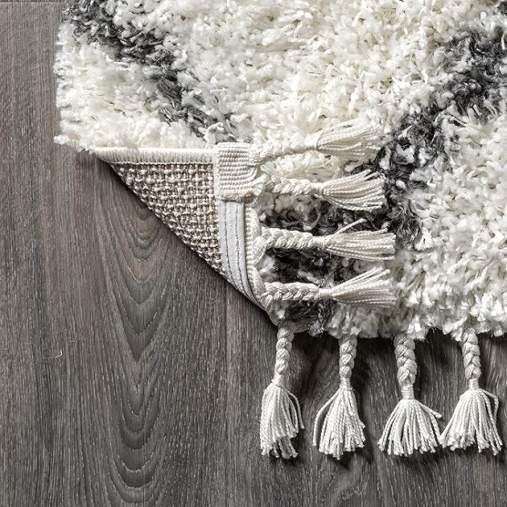 MCR102B-8 Mercer Shag Plush Tassel Moroccan Tribal Trellis Geometric Indoor Area-Rug Bohemian Contemporary Easy-Cleaning Bedroom Kitchen Living Room, 8 X 10, Cream/Grey