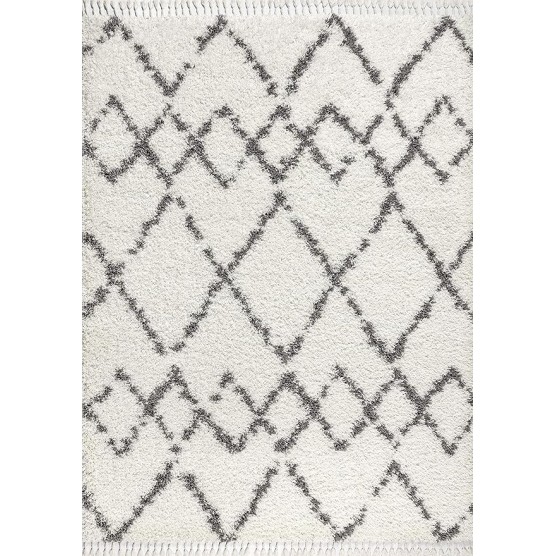 MCR102B-8 Mercer Shag Plush Tassel Moroccan Tribal Trellis Geometric Indoor Area-Rug Bohemian Contemporary Easy-Cleaning Bedroom Kitchen Living Room, 8 X 10, Cream/Grey