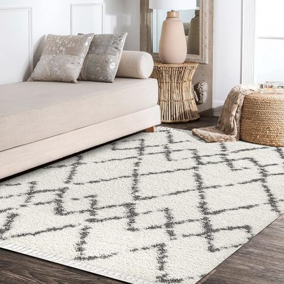 MCR102B-8 Mercer Shag Plush Tassel Moroccan Tribal Trellis Geometric Indoor Area-Rug Bohemian Contemporary Easy-Cleaning Bedroom Kitchen Living Room, 8 X 10, Cream/Grey