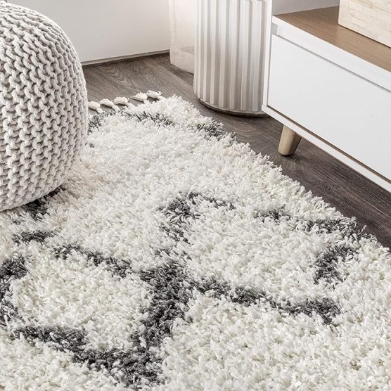 MCR102B-8 Mercer Shag Plush Tassel Moroccan Tribal Trellis Geometric Indoor Area-Rug Bohemian Contemporary Easy-Cleaning Bedroom Kitchen Living Room, 8 X 10, Cream/Grey
