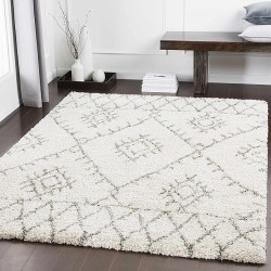 Premium Shag Kunia Living Room, Bedroom Area Rug - Bohemian Moroccan Trellis Southwestern Farmhouse - Shaggy High Plush Pile - Cream, Ivory, Gray, Beige - 7'10" x 10'3"