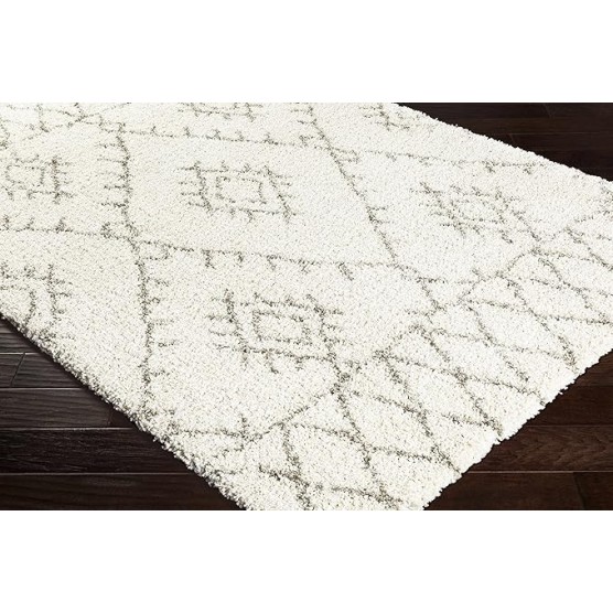 Premium Shag Kunia Living Room, Bedroom Area Rug - Bohemian Moroccan Trellis Southwestern Farmhouse - Shaggy High Plush Pile - Cream, Ivory, Gray, Beige - 7'10" x 10'3"