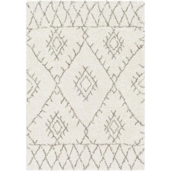 Premium Shag Kunia Living Room, Bedroom Area Rug - Bohemian Moroccan Trellis Southwestern Farmhouse - Shaggy High Plush Pile - Cream, Ivory, Gray, Beige - 7'10" x 10'3"