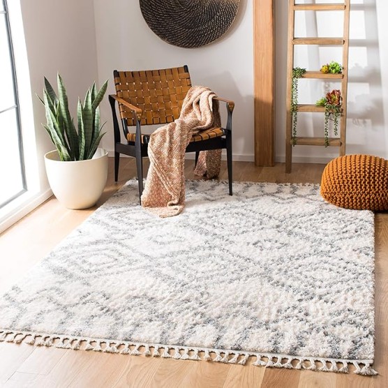 Berber Fringe Shag Collection Area Rug - 10' x 14', Cream & Grey, Moroccan Design, Non-Shedding & Easy Care, 1.2-inch Thick Ideal for High Traffic Areas in Living Room, Bedroom (BFG611A)