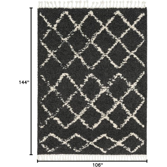 Berber Shag Collection - Ayden Farmhouse Living Room Bedroom Area Rug with Tassel - Fluffy Plush High Pile Carpet - Soft Shaggy Rug, Moroccan Trellis - Black, White, Beige - 9'2" x 12'