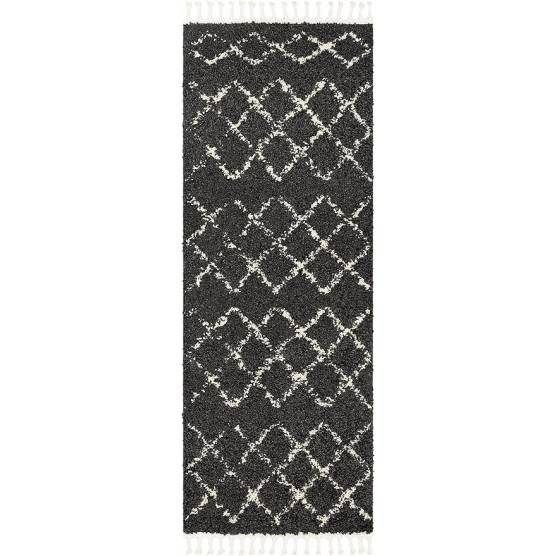 Berber Shag Collection - Ayden Farmhouse Living Room Bedroom Area Rug with Tassel - Fluffy Plush High Pile Carpet - Soft Shaggy Rug, Moroccan Trellis - Black, White, Beige - 9'2" x 12'