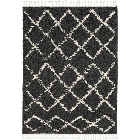 Berber Shag Collection - Ayden Farmhouse Living Room Bedroom Area Rug with Tassel - Fluffy Plush High Pile Carpet - Soft Shaggy Rug, Moroccan Trellis - Black, White, Beige - 9'2" x 12'