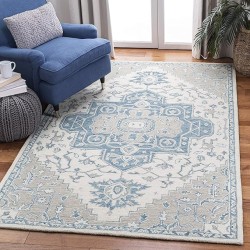 Micro-Loop Collection Area Rug - 9' x 12', Ivory & Blue, Handmade Oriental Medallion Wool, Ideal for High Traffic Areas in Living Room, Bedroom (MLP213M)
