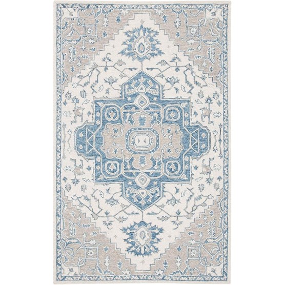Micro-Loop Collection Area Rug - 9' x 12', Ivory & Blue, Handmade Oriental Medallion Wool, Ideal for High Traffic Areas in Living Room, Bedroom (MLP213M)