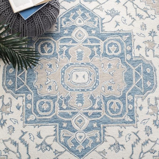 Micro-Loop Collection Area Rug - 9' x 12', Ivory & Blue, Handmade Oriental Medallion Wool, Ideal for High Traffic Areas in Living Room, Bedroom (MLP213M)