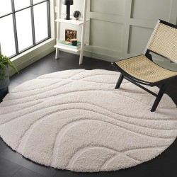 Florida Shag Collection 10' Round Cream / Cream SG471 Abstract Wave Non-Shedding Living Room Bedroom Dining Room Entryway Plush 1.2-inch Thick Area Rug