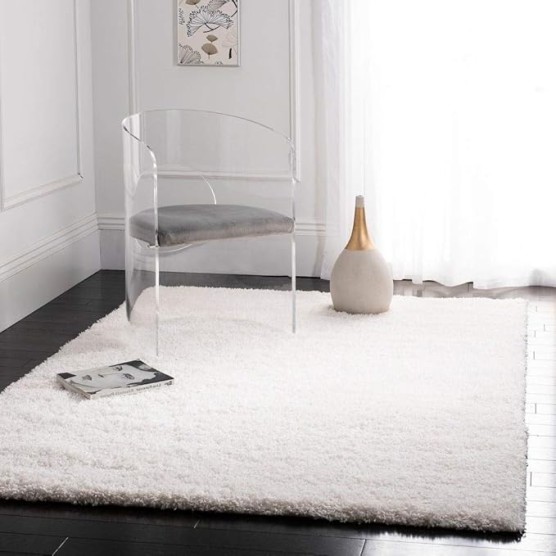 Premium Collection 6'7" x 9'6" Casual Extra Soft Cozy Shag Area Rug, Elegant Accent Chic Solid Pattern Plush Polypropylene Durable Fabric Stain Resistant Versatile White Area Rug, Home Decor