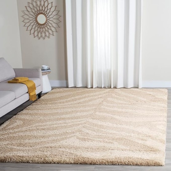 Portofino Shag Collection Area Rug - 9' x 12', Ivory & Beige, Zebra Abstract Design, Non-Shedding & Easy Care, 2-inch Thick Ideal for High Traffic Areas in Living Room, Bedroom (PTS215B)