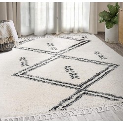 Moroccan Ivory & Grey Shag Area Rug - Traditional Rugs Tribal Print Diamond 7'9" x 10'2" (8x10) Living Room Carpet