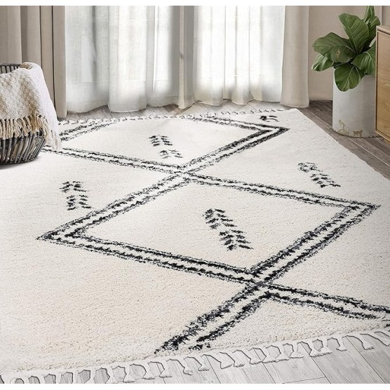 Moroccan Ivory & Grey Shag Area Rug - Traditional Rugs Tribal Print Diamond 7'9" x 10'2" (8x10) Living Room Carpet