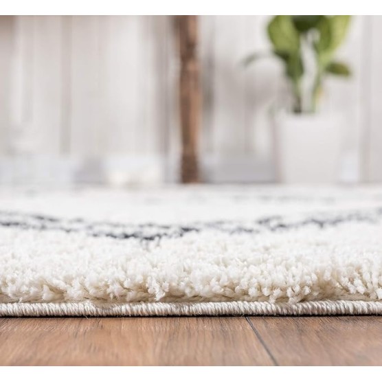 Moroccan Ivory & Grey Shag Area Rug - Traditional Rugs Tribal Print Diamond 7'9" x 10'2" (8x10) Living Room Carpet