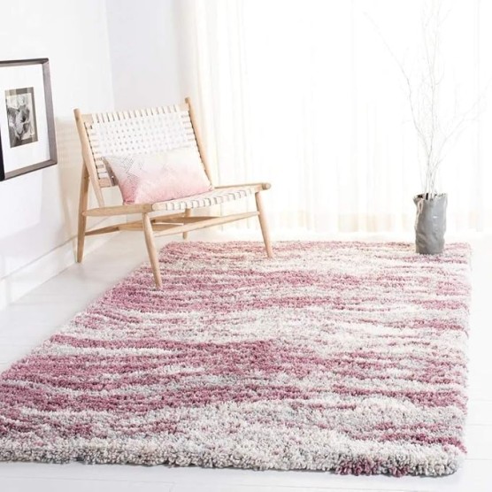 Shag Rug 9' X 12' Rectangle | Luxurious Beautiful Elegant Sleek Solid Pattern Casual Style Home Decor | 2-inch Thick Soft Plush Cozy Indoor Pink Grey Area Rug