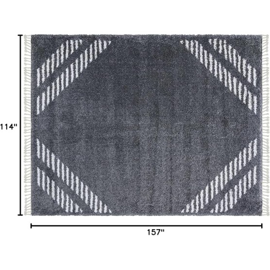 Living Room Shag Rug Moroccan Braided Tassel Modern Kitchen Area Fringe Carpet, 9x13 Extra Large, Big Diamond Ivory Charcoal Gray