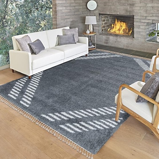 Living Room Shag Rug Moroccan Braided Tassel Modern Kitchen Area Fringe Carpet, 9x13 Extra Large, Big Diamond Ivory Charcoal Gray