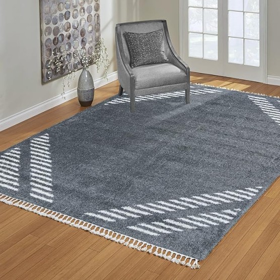 Living Room Shag Rug Moroccan Braided Tassel Modern Kitchen Area Fringe Carpet, 9x13 Extra Large, Big Diamond Ivory Charcoal Gray