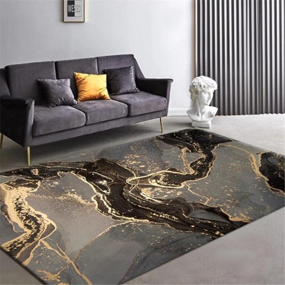 S.H SUIHONG Luxury Area Rug for Living Room Black/Gold Marble Center Rug Black Grey Modern Bedroom Carpet-47 x63