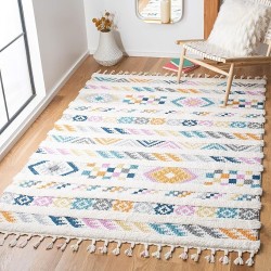 Moroccan Fringe Shag Collection Area Rug - 5'3" x 7'6", Ivory & Blue, Boho Design, Non-Shedding & Easy Care, 1.2-inch Thick Ideal for High Traffic Areas in Living Room, Bedroom (MFG110A)