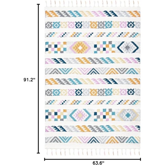 Moroccan Fringe Shag Collection Area Rug - 5'3" x 7'6", Ivory & Blue, Boho Design, Non-Shedding & Easy Care, 1.2-inch Thick Ideal for High Traffic Areas in Living Room, Bedroom (MFG110A)