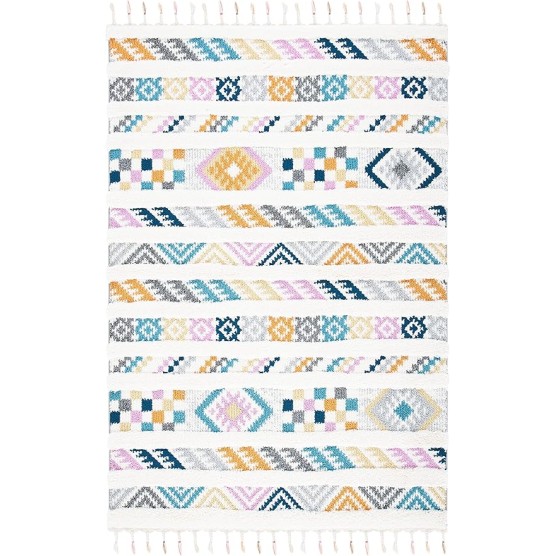 Moroccan Fringe Shag Collection Area Rug - 5'3" x 7'6", Ivory & Blue, Boho Design, Non-Shedding & Easy Care, 1.2-inch Thick Ideal for High Traffic Areas in Living Room, Bedroom (MFG110A)
