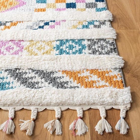 Moroccan Fringe Shag Collection Area Rug - 5'3" x 7'6", Ivory & Blue, Boho Design, Non-Shedding & Easy Care, 1.2-inch Thick Ideal for High Traffic Areas in Living Room, Bedroom (MFG110A)