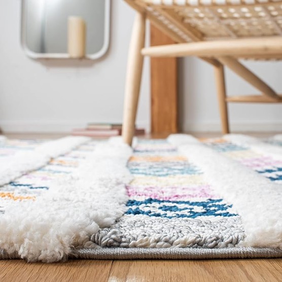 Moroccan Fringe Shag Collection Area Rug - 5'3" x 7'6", Ivory & Blue, Boho Design, Non-Shedding & Easy Care, 1.2-inch Thick Ideal for High Traffic Areas in Living Room, Bedroom (MFG110A)