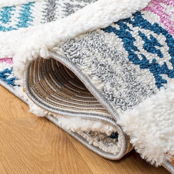 Moroccan Fringe Shag Collection Area Rug - 5'3" x 7'6", Ivory & Blue, Boho Design, Non-Shedding & Easy Care, 1.2-inch Thick Ideal for High Traffic Areas in Living Room, Bedroom (MFG110A)